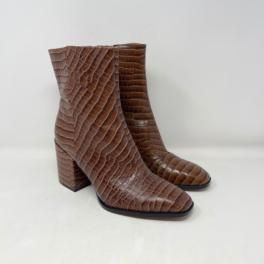 Vionic Harper Croc Embossed Leather Ankle Boots Wms 10 Side Zip Block Heel 3"